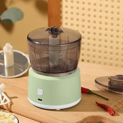 Mini USB rechargeable meat grinder with transparent bowl on anti-slip mat