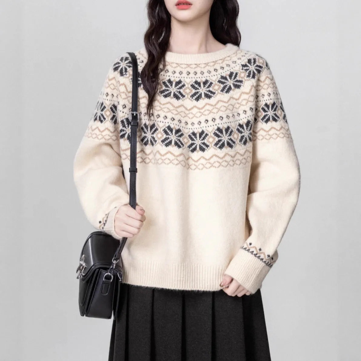 Women's Milky White vintage Fair Isle geometric pattern pullover sweater with long sleeves and crew neck.