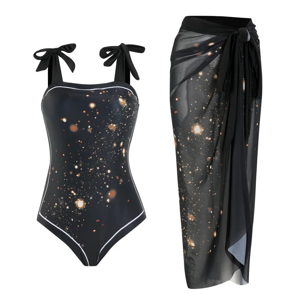 Floral print mesh tube top one-piece swimsuit with matching detachable skirt in brown, pink or black printing
