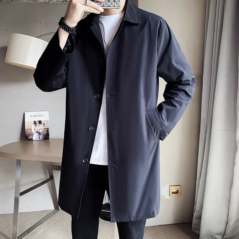 Men's mid-length loose trench coat in thin rabbit fur fabric showing casual styling
