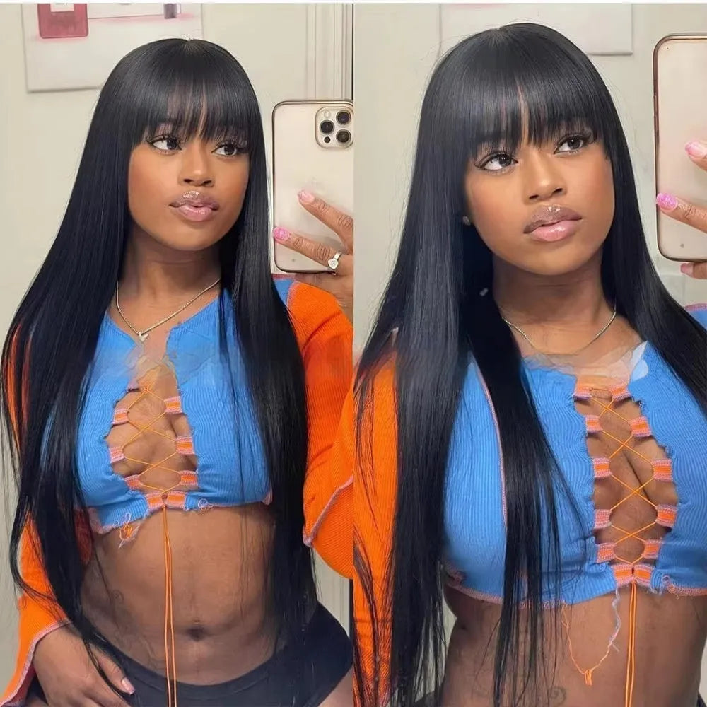 Natural colour full mechanism headgear straight fringe human hair wig without lace