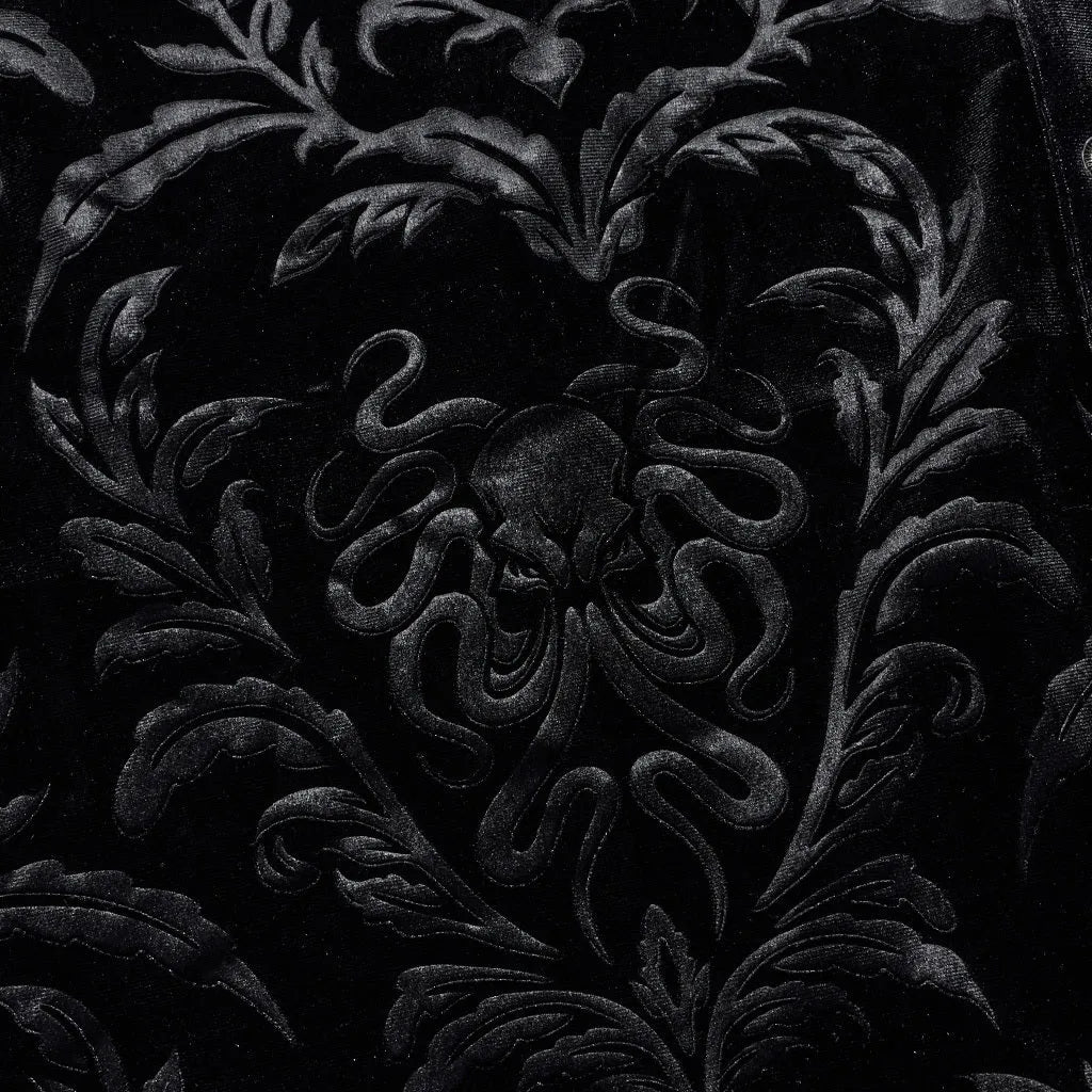 Black gothic preppy style men's velvet shirt with pointed collar and long sleeves