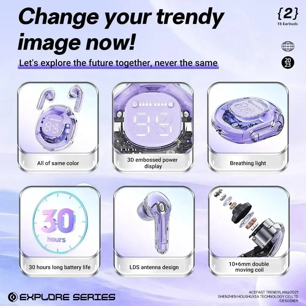 Transparent warehouse wireless Bluetooth headset in white, black, pink, sky blue, or violet with optional breathing light
