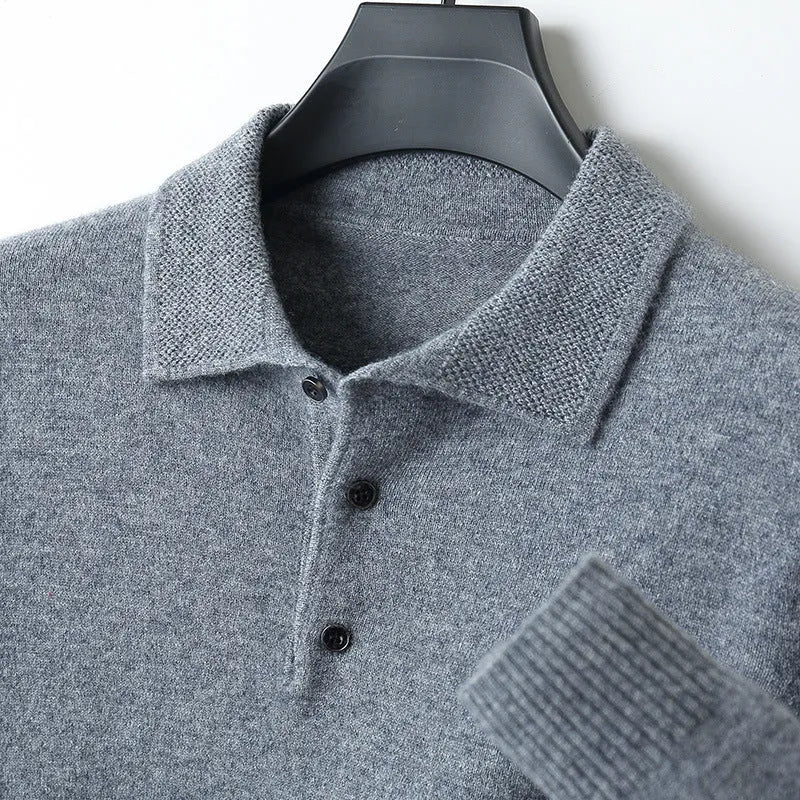 Men's grey wool polo collar sweater on a hanger, showing long sleeves and smart collar detail