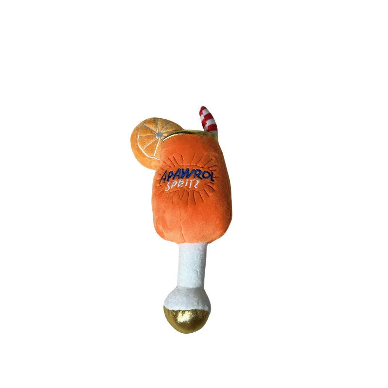 Yellow wine glass shaped plush dog toy with squeaker and teeth-cleaning feature