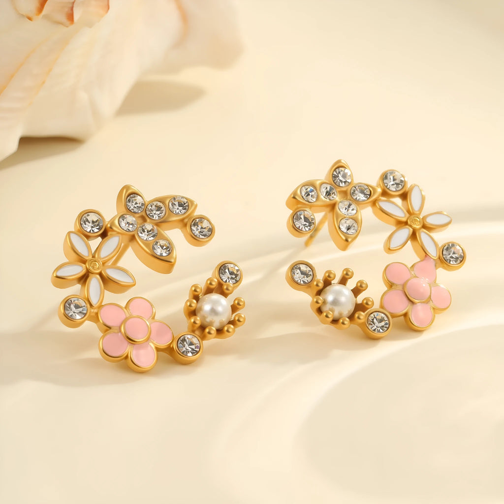 Colourful flower petal stud earrings with electroplated finish and stainless steel construction