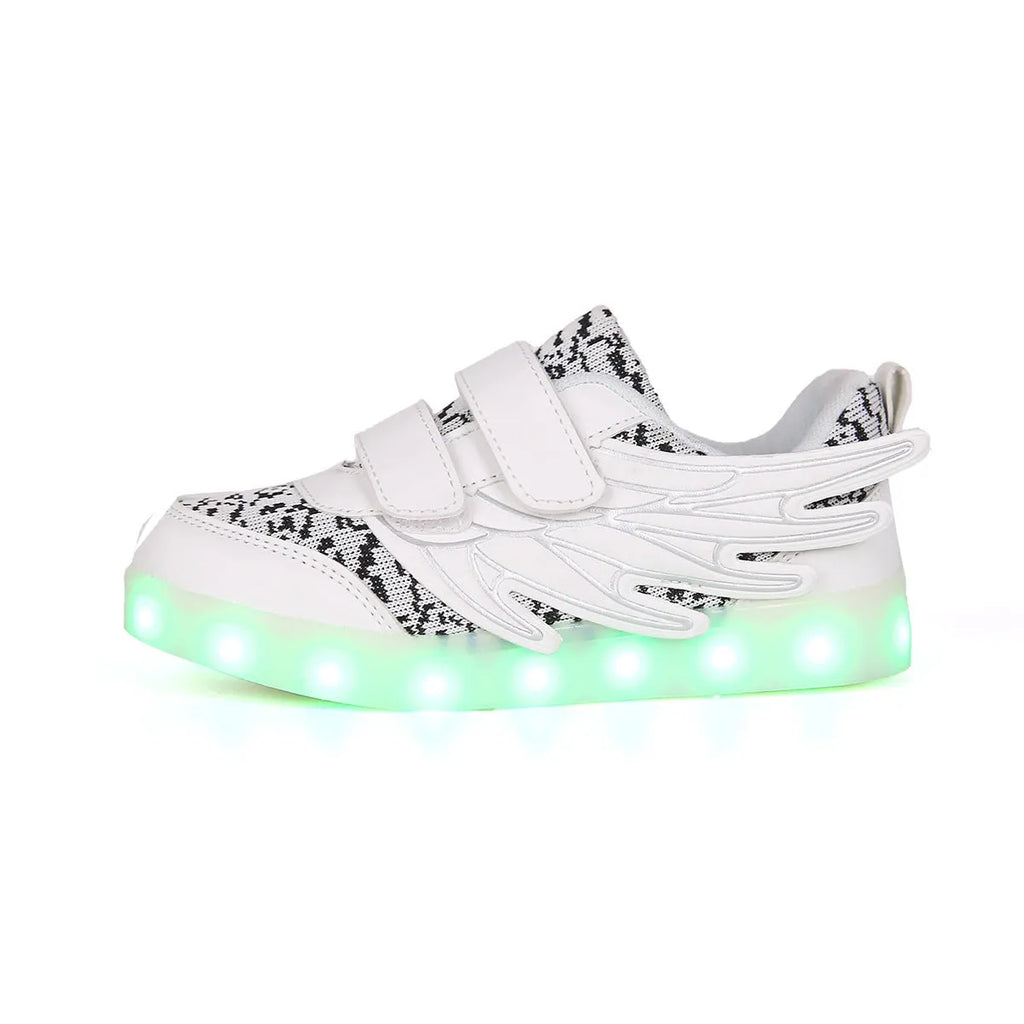 Children's plum red LED light-up sneakers with USB charging port and colourful luminous soles.