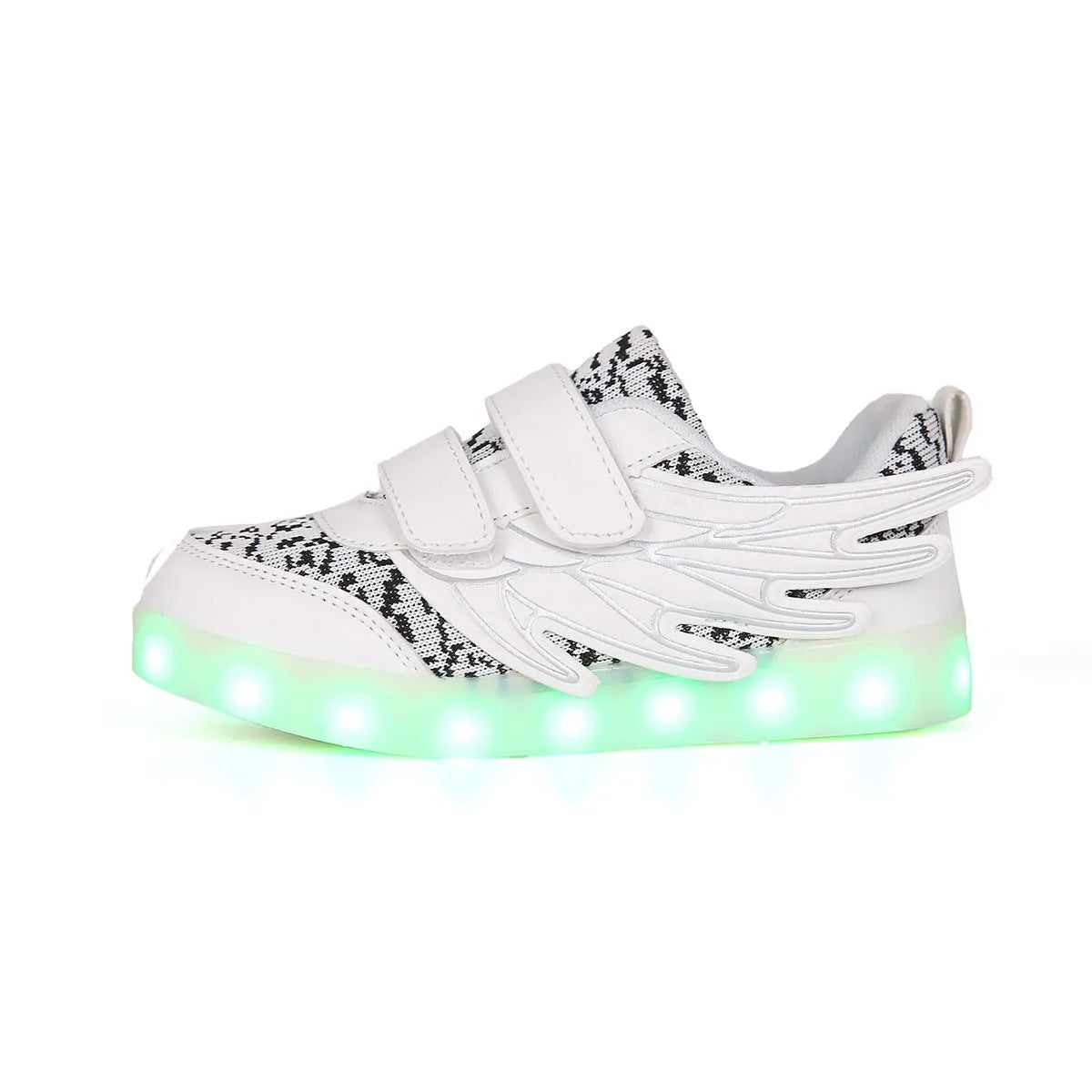 Children's plum red LED light-up sneakers with USB charging port and colourful luminous soles.