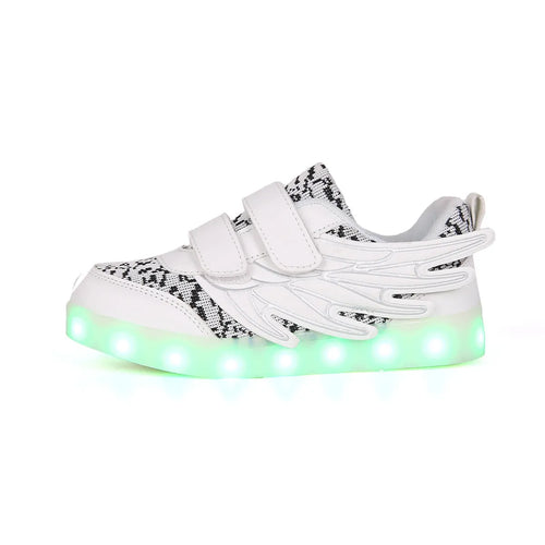 Children's plum red LED light-up sneakers with USB charging port and colourful luminous soles.