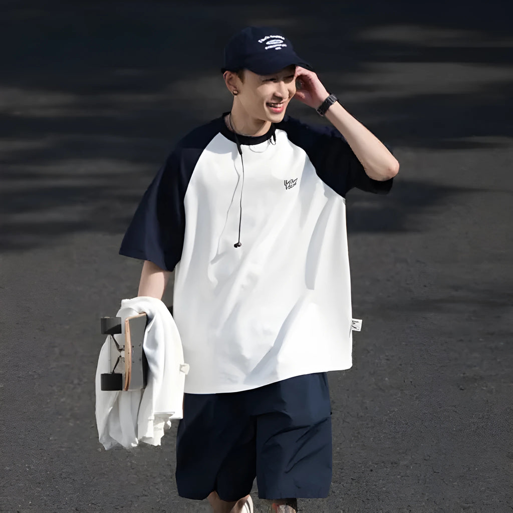 Men's blue casual raglan sleeve T-shirt with loose fit and thin fabric for layering