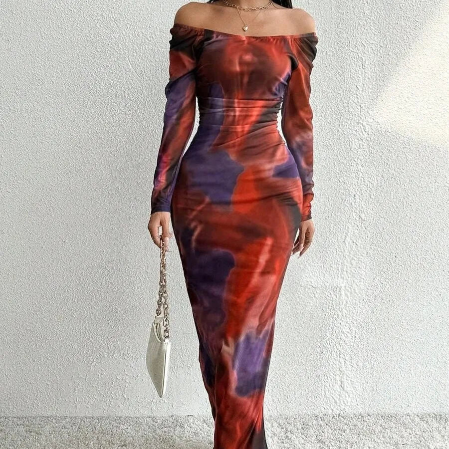 Women's pleated mesh fishtail dress with gradient colour print and a square collar.