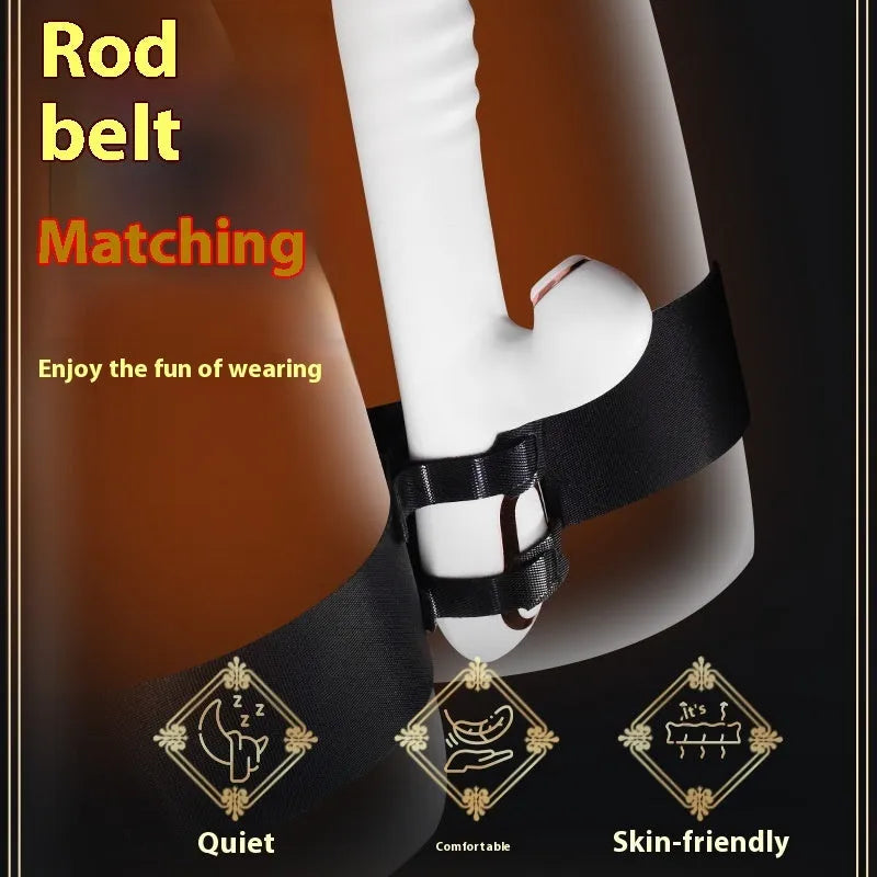 Black knitted belt strap sex toy laid flat, showing adjustable fastening mechanism.