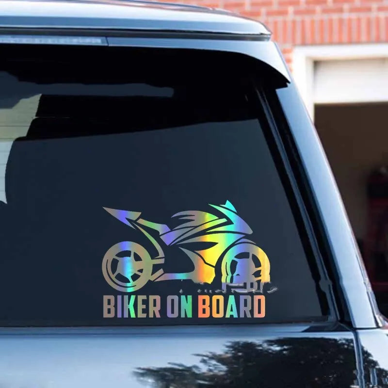Motorcycle reflective safety sticker in PET material showing two size options: 14×20cm and 10×15cm