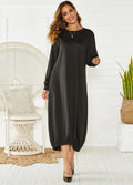 Black loose lace-up crew neck lantern dress with thread accents on hanger