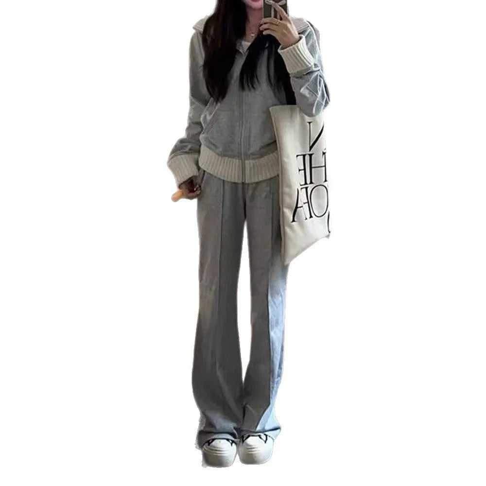 Light gray women's casual two-piece set with coat having pockets and wide leg trousers