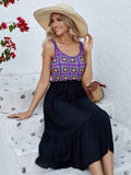 Purple sleeveless dress with detailed hand-hooked floral embroidery patterns on cotton blend fabric