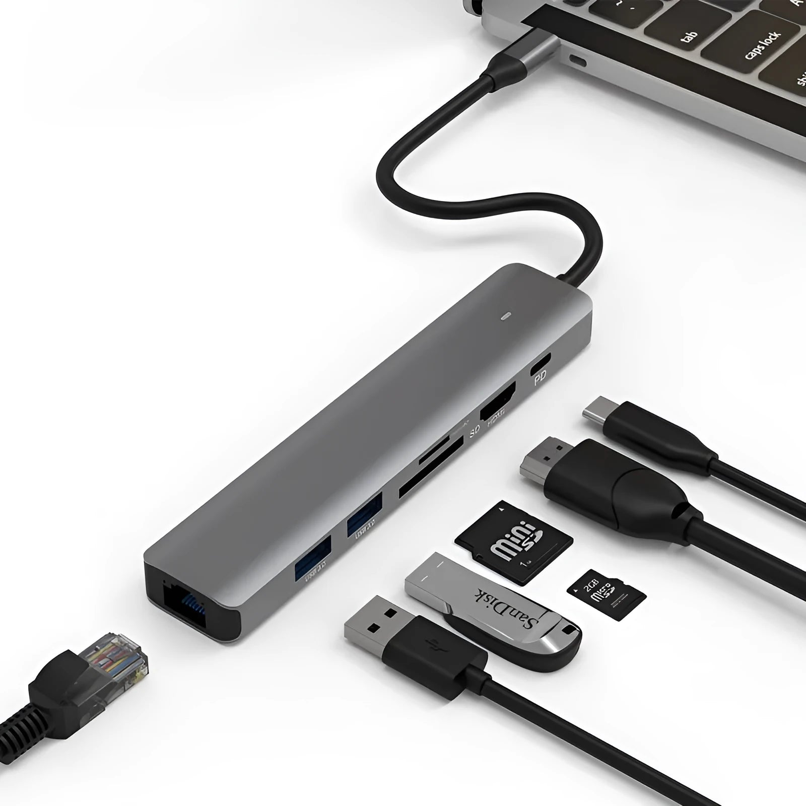 7-in-1 card reader and USB hub for laptops with multiple interface ports