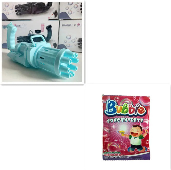 Kids handheld bubble machine gun toy in pink, gold, or black colours with removable bubble head.