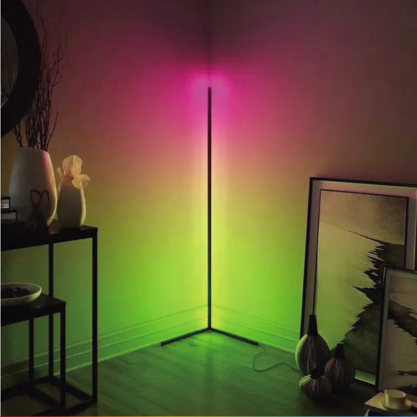 Black bedroom floor lamp with RGB lighting and smart remote control on aluminium stand