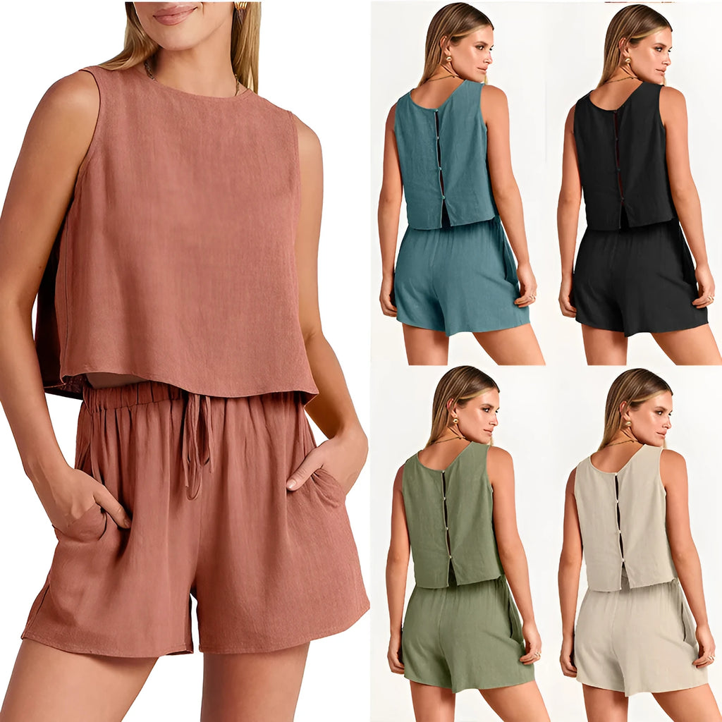 Women's summer two-piece set with sleeveless top and drawstring shorts in rayon-linen fabric