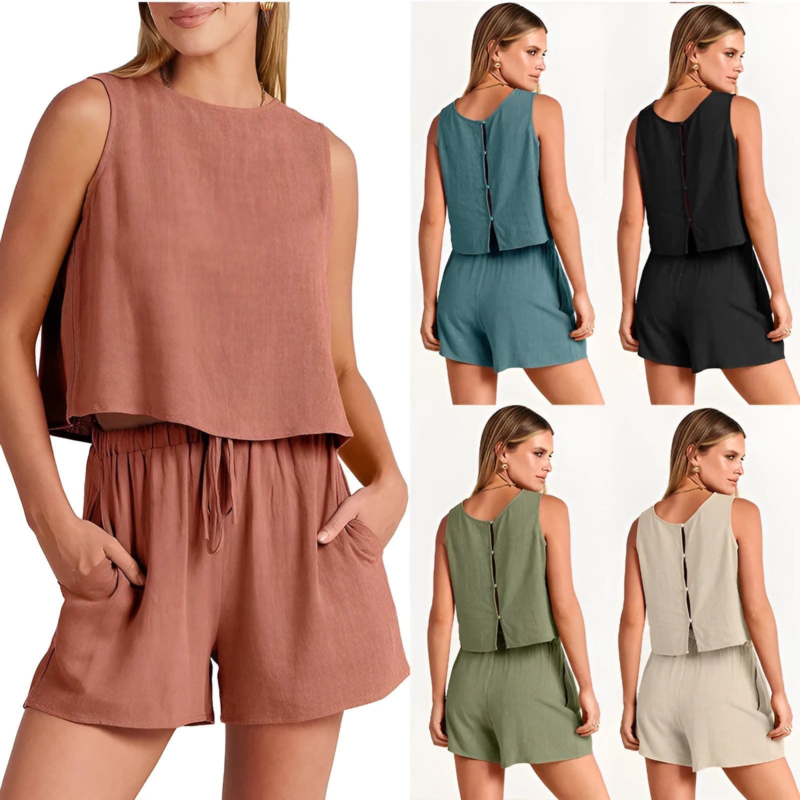 Women's summer two-piece set with sleeveless top and drawstring shorts in rayon-linen fabric