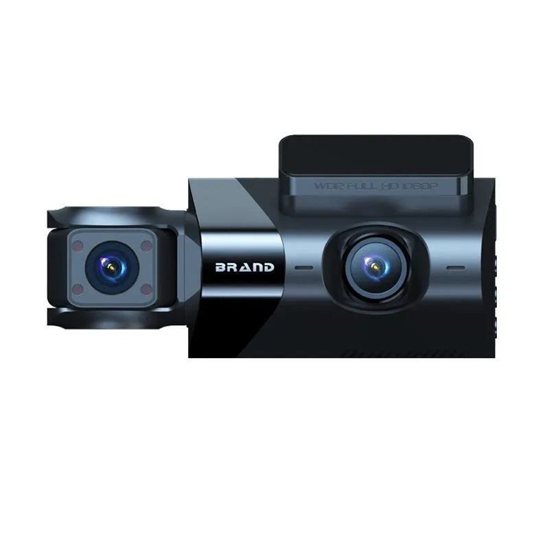 Black dashboard camera with 5-inch screen, mobile phone interconnect, and three recording format options