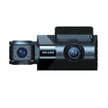 Black dashboard camera with 5-inch screen, mobile phone interconnect, and three recording format options