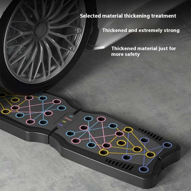 ABS plastic push up support plate fitness equipment on a floor, shown in available colour options.