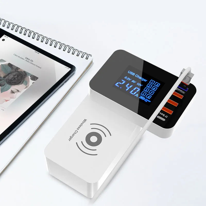 White multi USB port wireless fast charger with international plugs and 1.5 metre cable