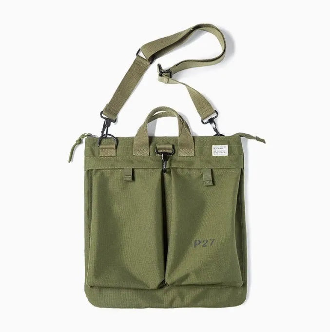 Retro style canvas crossbody messenger bag in military green with adjustable shoulder strap and zipper closure