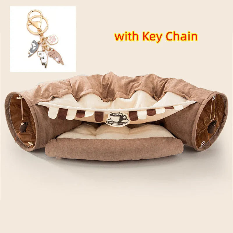 Collapsible cloth cat tunnel for play, shown in one of four colours: Bar, Coffee, Matcha, or Pink.