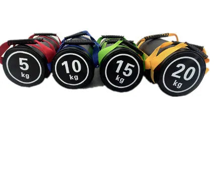 Flat white PVC fitness training sandbag for weight lifting and conditioning exercises.