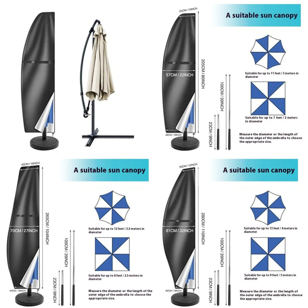 Grey waterproof Oxford cloth cover for a banana-shaped offset patio umbrella.