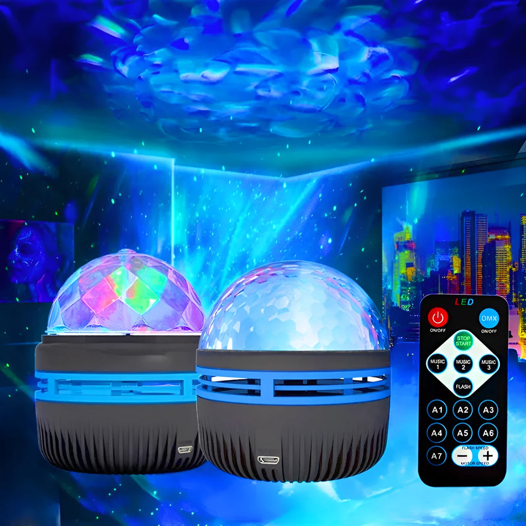 USB-powered LED galaxy projector lamp with rotating ball on a table, showing starry light projection.