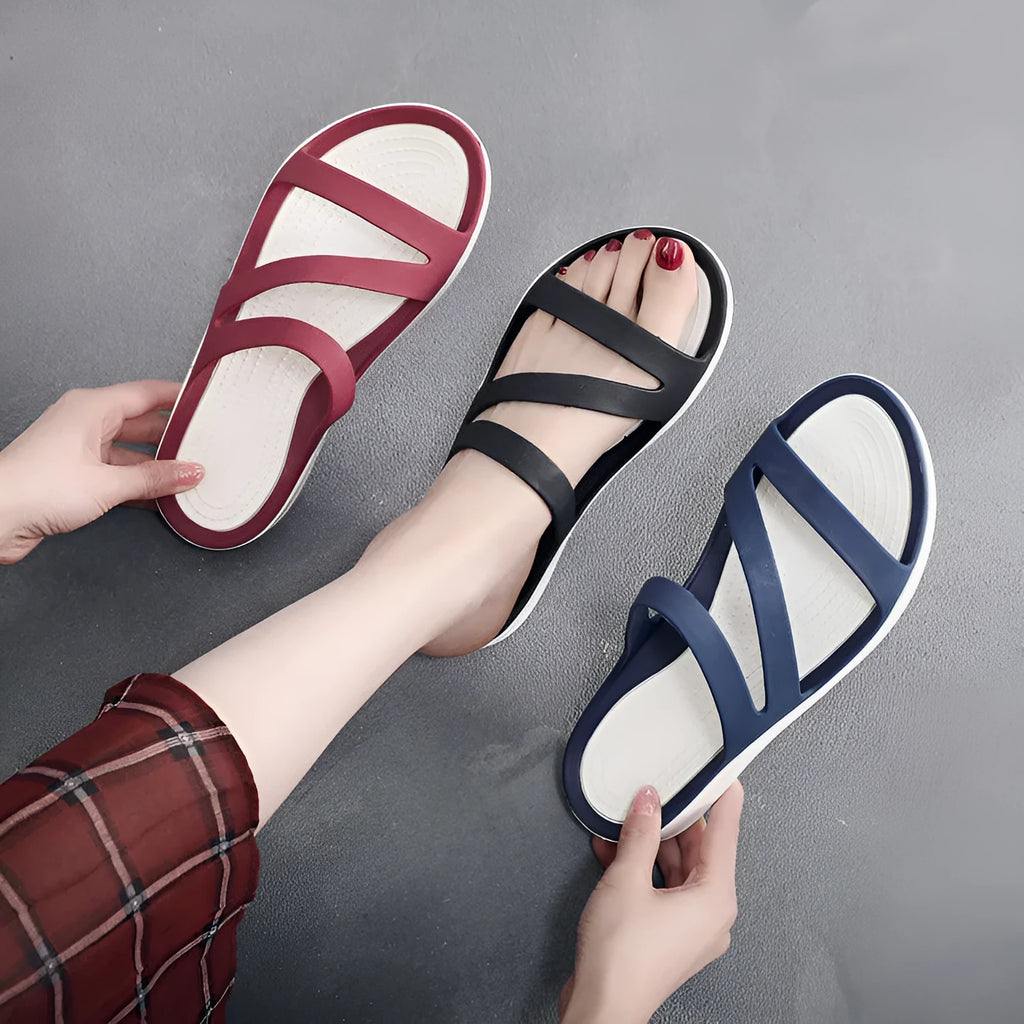 Women's solid colour beach sandals with breathable PP uppers in six colour options