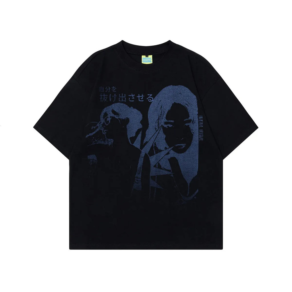 Men's grey cotton T-shirt with a retro character print, shown in a loose fit.