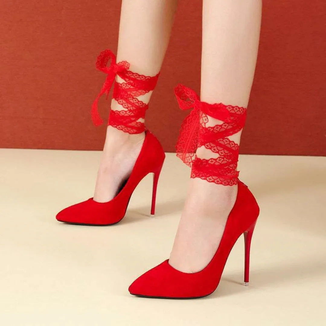Women's black pointed toe stiletto pumps with shallow mouth design and fabric strap