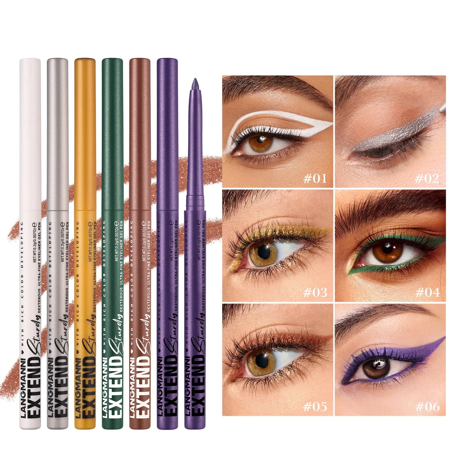 12 colourful eyeliner pencils with matte, glitter, metallic, and pearl finishes in waterproof formula