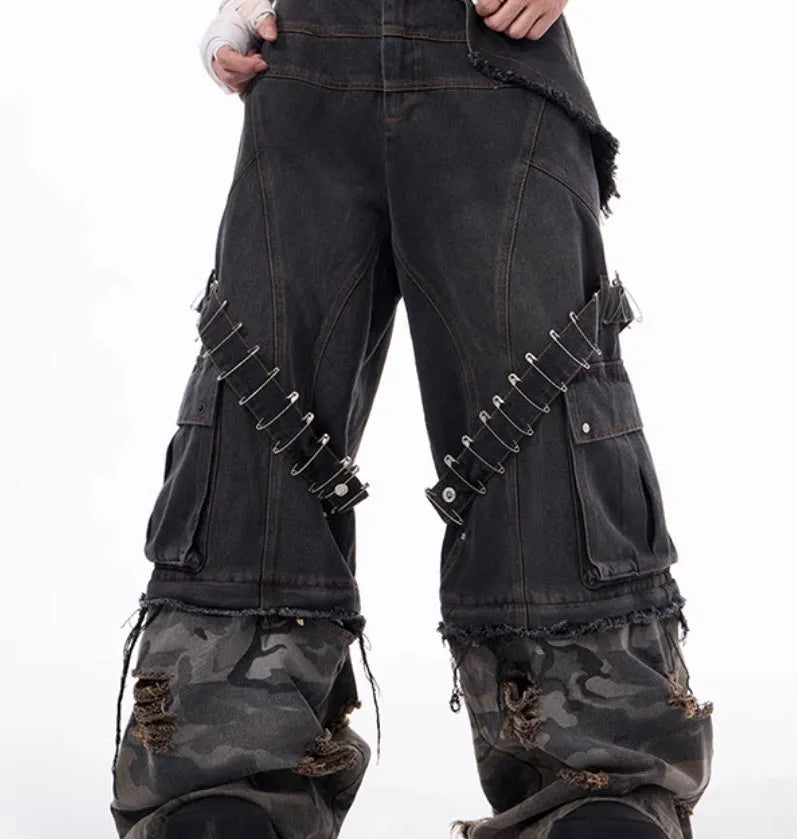Men's grey camouflage jeans with pin and ribbon splicing detail on the legs.