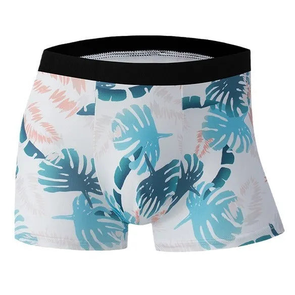 Ice silk men's underwear with fashion printing in polyester fabric, showing mid-waist design and breathable construction