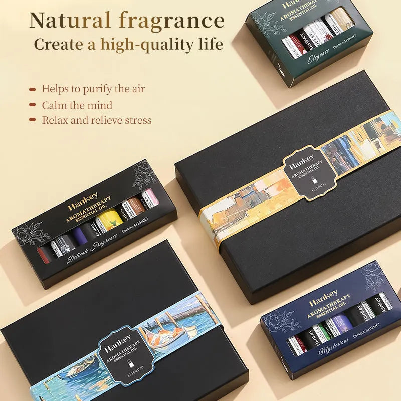 Boxed set of water-soluble aromatherapy essential oil bottles for use in diffusers and sprays
