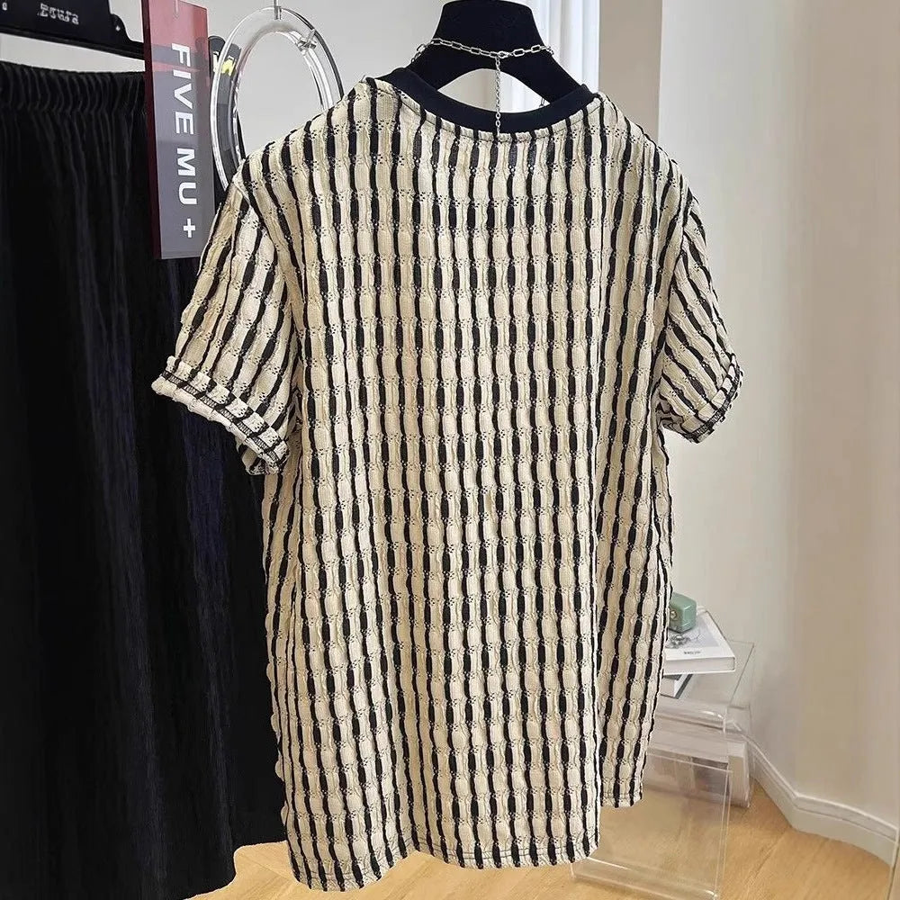 Black striped men's loose-fit short sleeve casual shirt made from linen and silk fabric