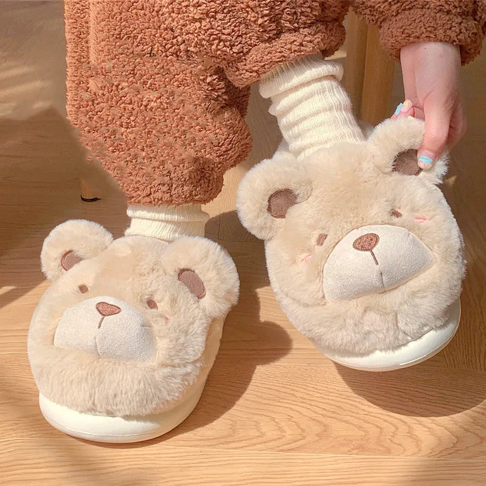 Cartoon pattern suede plush slippers for women in khaki, shown with round toe design.