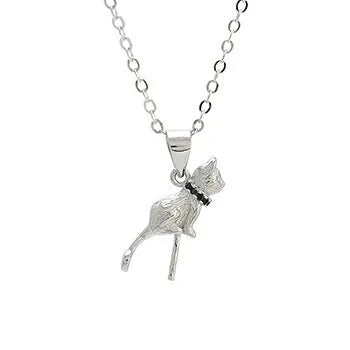 Sterling silver cat pendant necklace on a chain, showing elegant clavicle-length design.