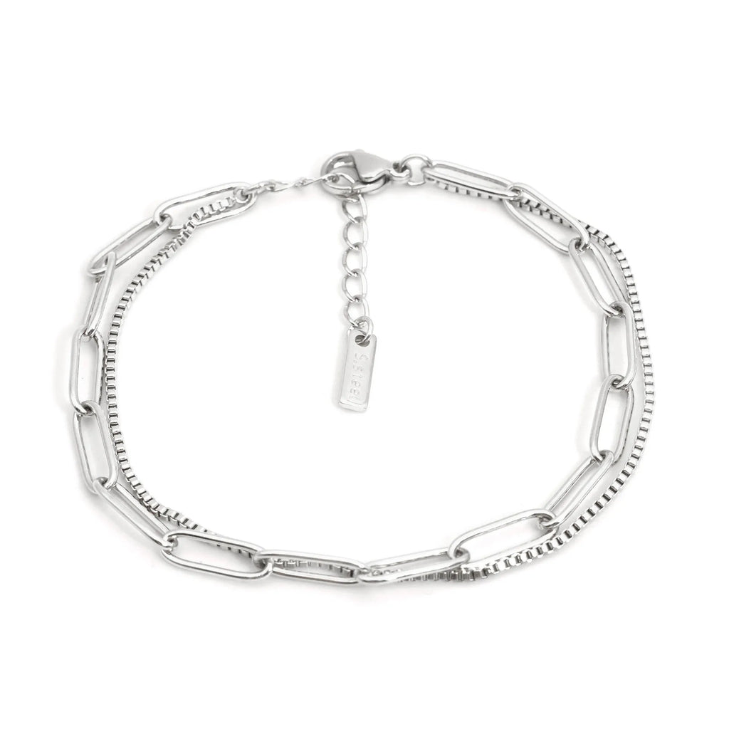 Geometric women's bracelet with double layer twin titanium steel design and electroplated gold or silver finish
