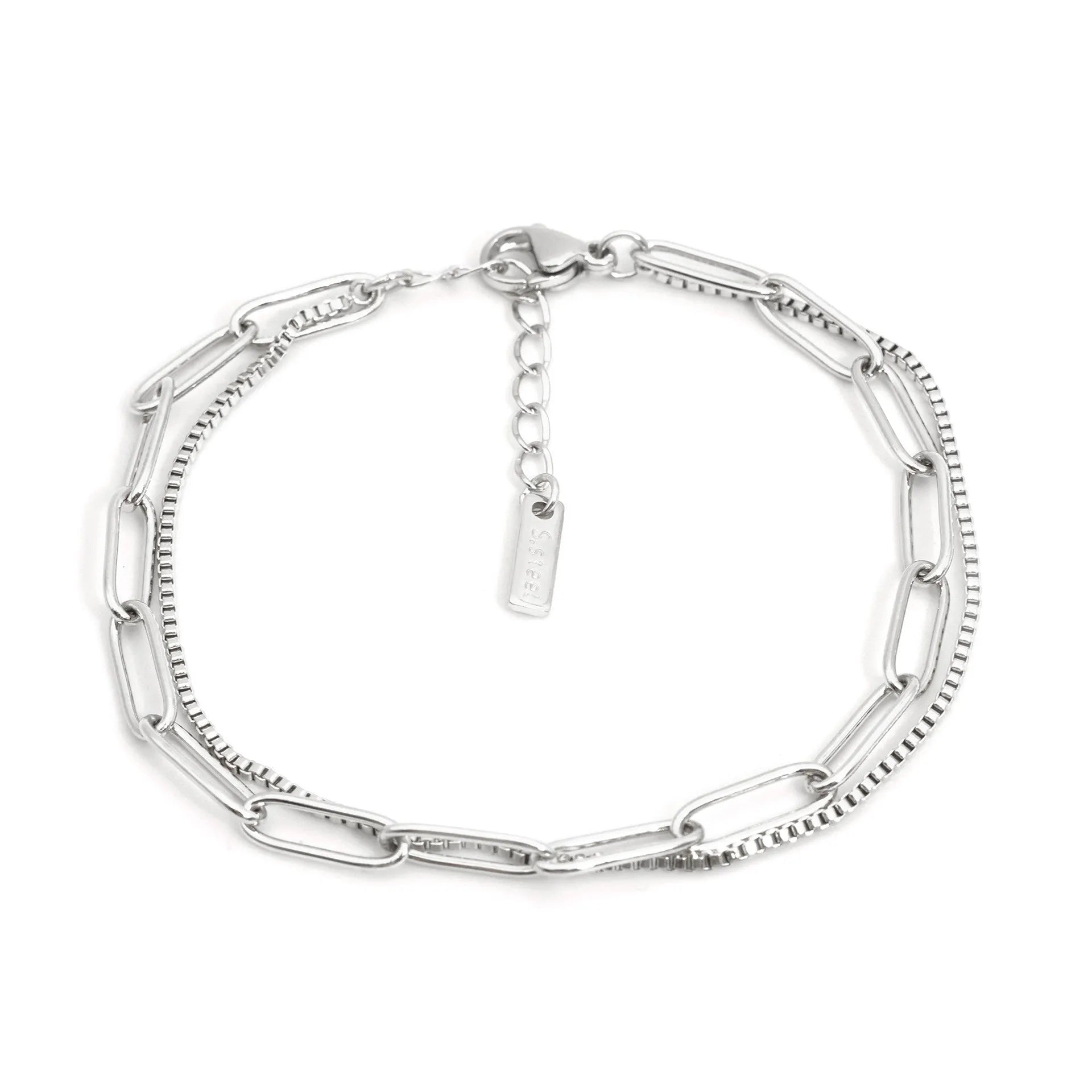 Geometric women's bracelet with double layer twin titanium steel design and electroplated gold or silver finish