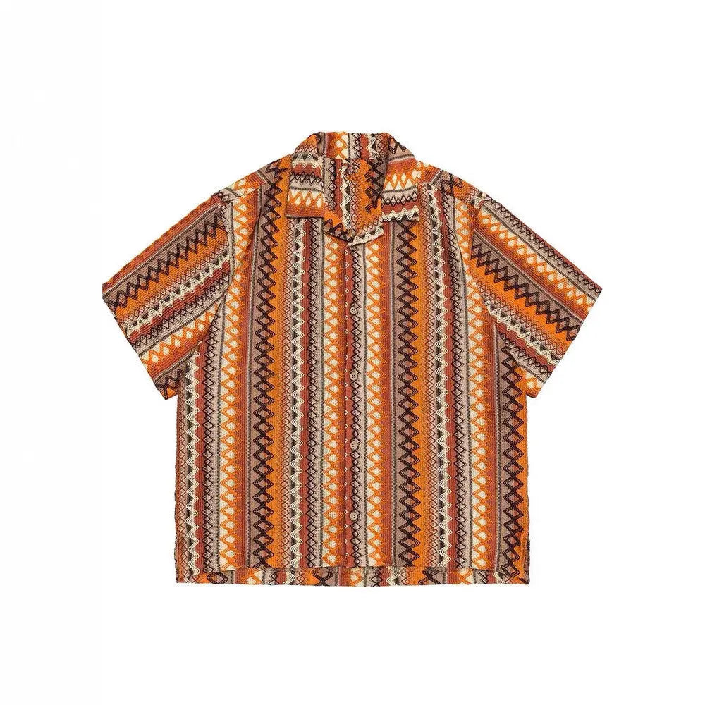 Men's ethnic woven Cuban collar shirt with contrast colours, loose fit drop shoulder sleeves