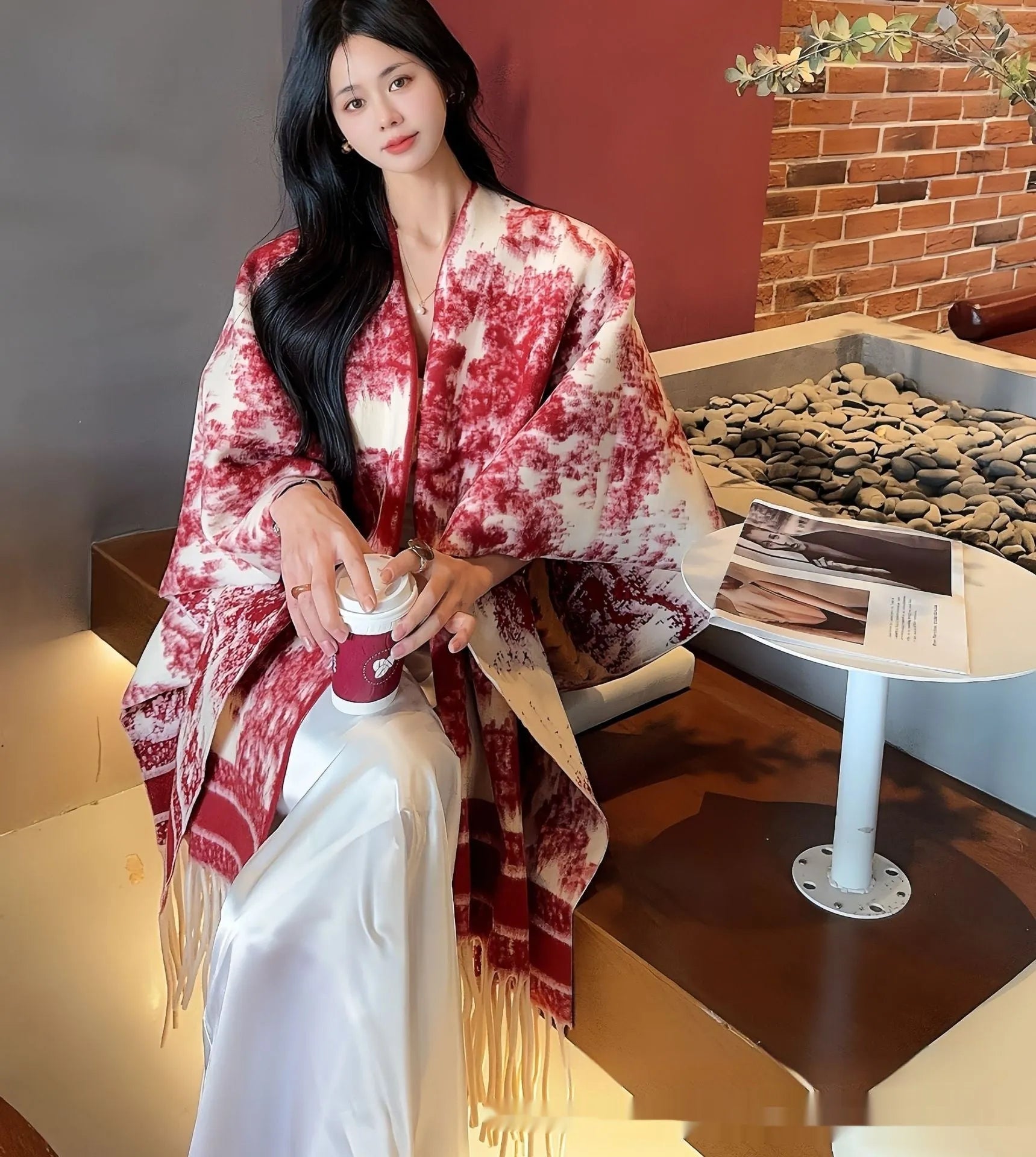 Women's polyester scarf cape with tassel trim in casual shawl style