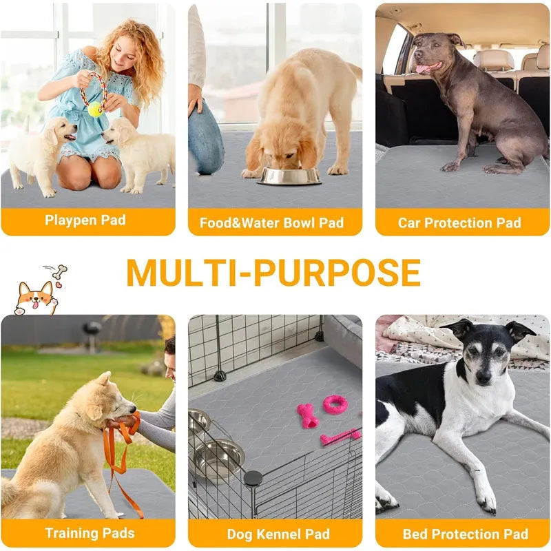 Pet Parents grey and khaki washable dog pee pads in multiple sizes on a wooden floor.