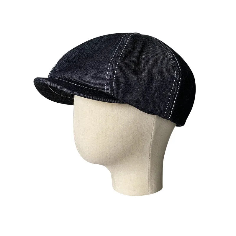 Black Japanese Denim fabric cotton beret shown in retro fashion style with three size options for men and women